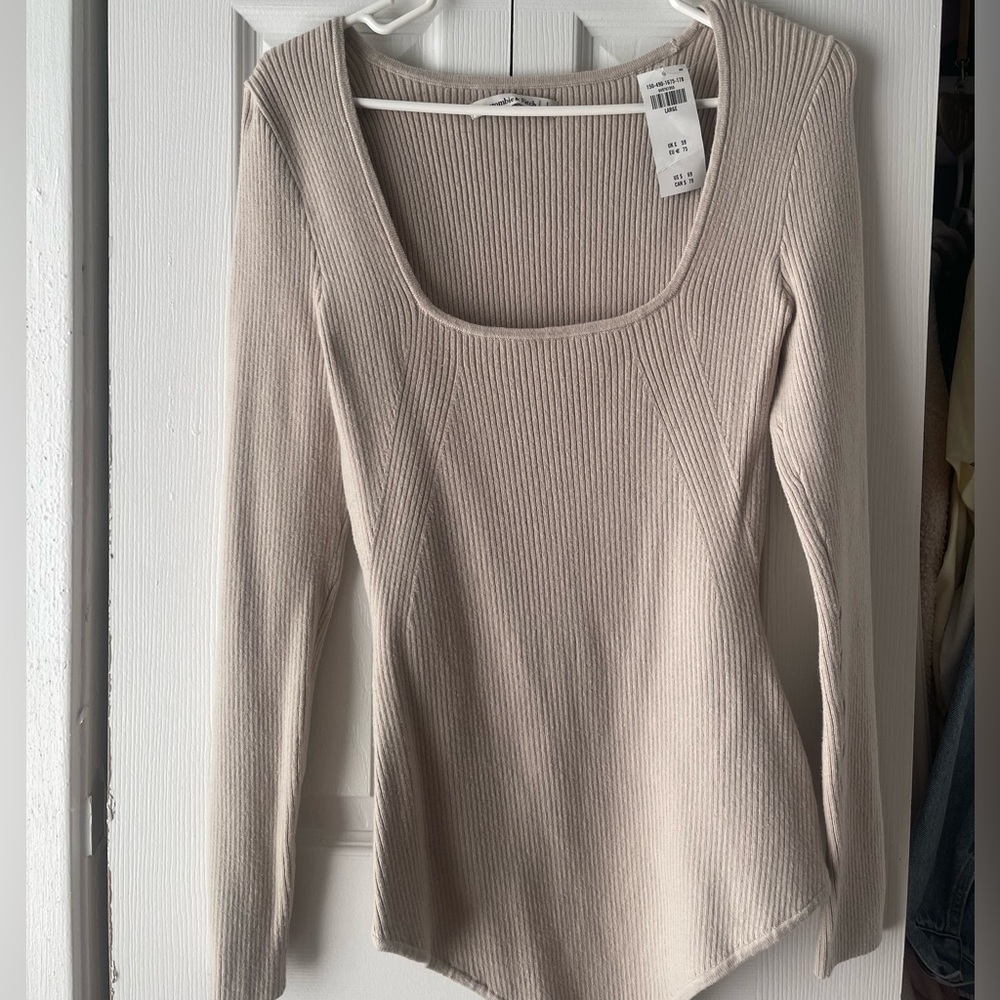 Ribbed Square-Neck Long Sleeve Top - Beige